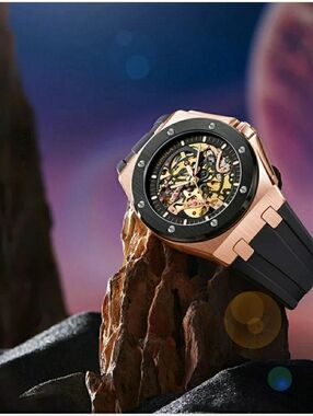 Onola Rose Gold Skeleton Mechanical Watch with Black Strap D'LUX - MAJESTY